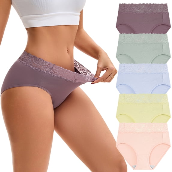 INNERSY Women’s High Waisted Lace Briefs Soft Cotton Underwear 5 Pack(3XL,Bright)