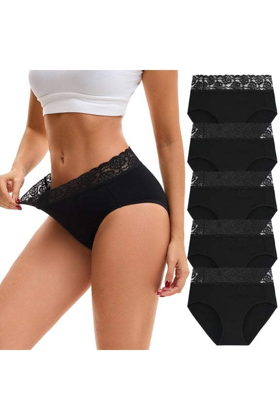 Women’s High Waisted Lace Briefs Soft Cotton Underwear 5 Pack(L,Black)