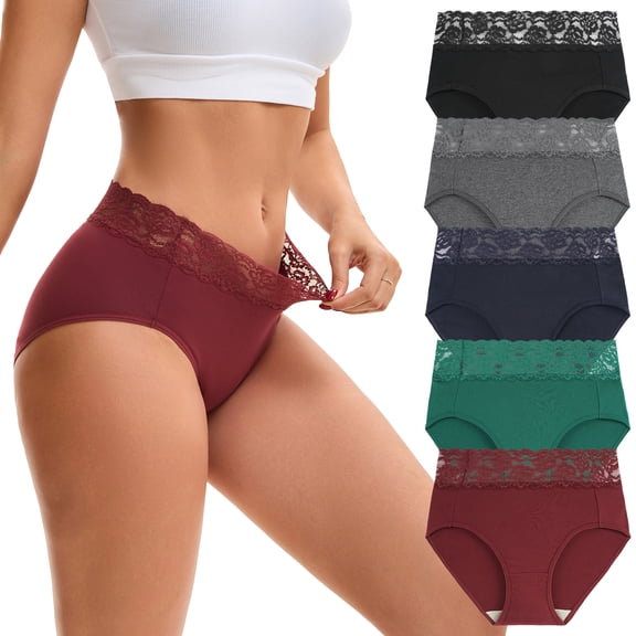 INNERSY Women’s High Waisted Lace Briefs Soft Cotton Underwear 5 Pack(L,Dark Vintage)