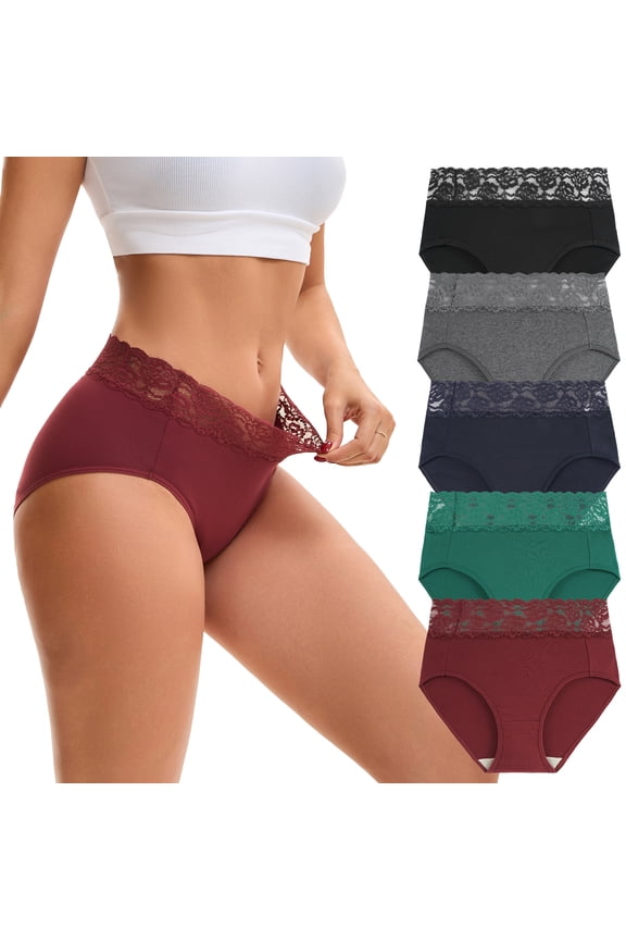 Women’s High Waisted Lace Briefs Soft Cotton Underwear 5 Pack(L,Dark Vintage)