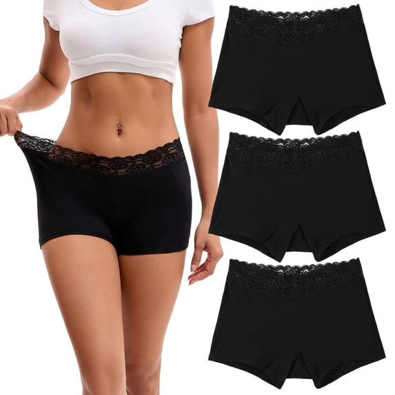 INNERSY Women's Lace Boyshort Panties Cotton Boxer Briefs Underwear Mid Rise 3-Pack(L,Black)