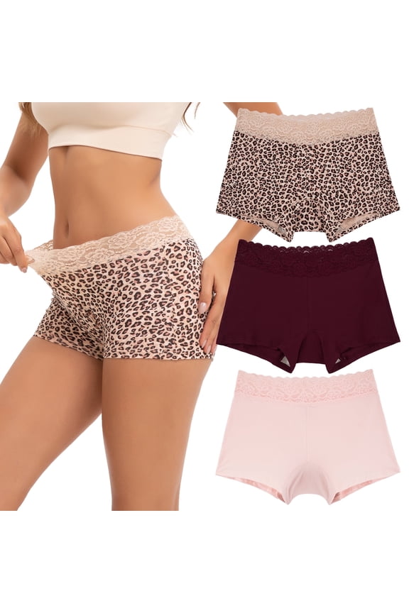 Women's Lace Boyshort Panties Cotton Boxer Briefs Underwear Mid Rise 3-Pack(L,Wild Blush)