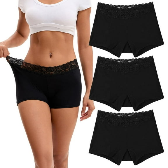 INNERSY Women's Lace Boyshort Panties Cotton Boxer Briefs Underwear Mid Rise 3-Pack(S,Black)