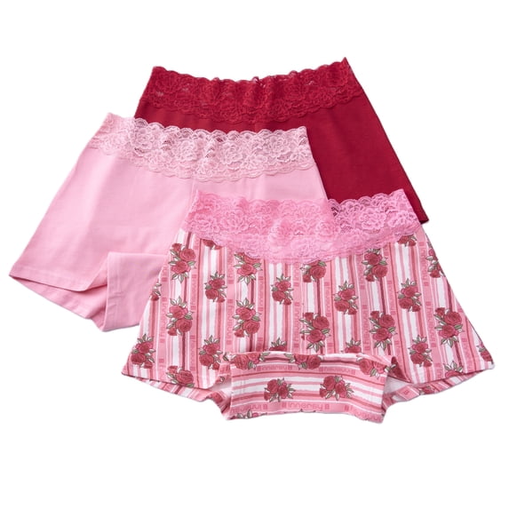 INNERSY Women's Lace Boyshort Panties Cotton Boxer Briefs Underwear Mid Rise 3-Pack(XL,Ruby Rose)