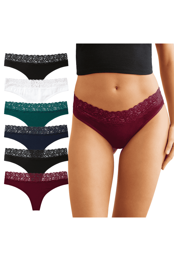 Women's Lace Cotton Thongs T Back Low Rise Hipster Panties 6-Pack Perfect Valentine’s Gift(M,Gemstone)