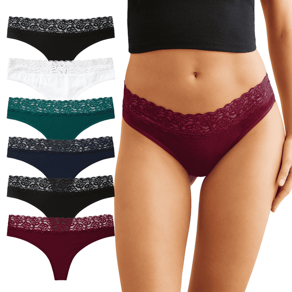 INNERSY Women's Lace Cotton Thongs T Back Low Rise Hipster Panties 6-Pack Perfect Valentine’s Gift(M,Gemstone)