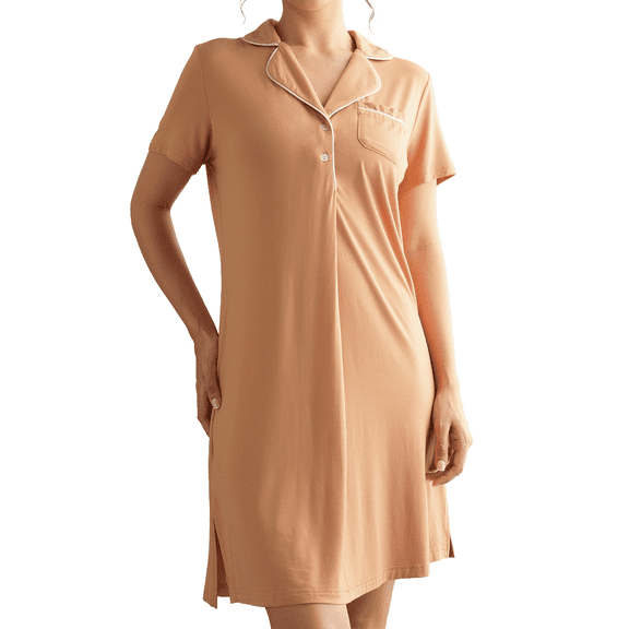 INNERSY Women's Nightgown Short Sleeve Button Down Soft V Neck Sleepshirt(M,Orange)
