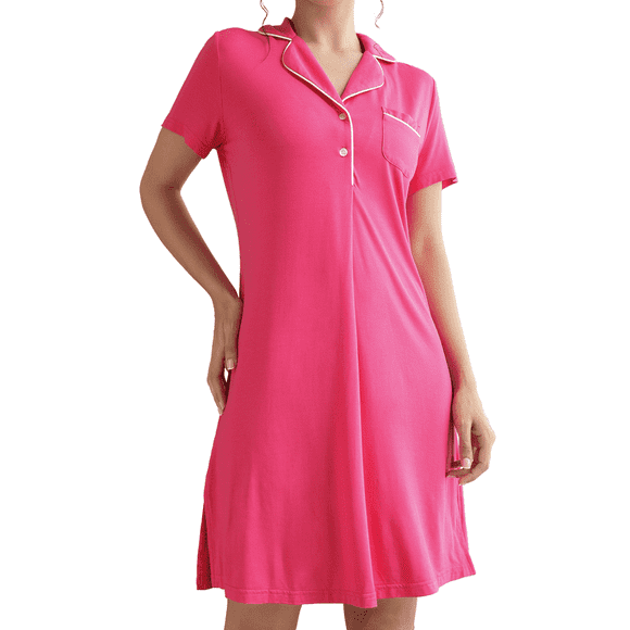 INNERSY Women's Nightgown Short Sleeve Button Down Soft V Neck Sleepshirt(M,Rose)
