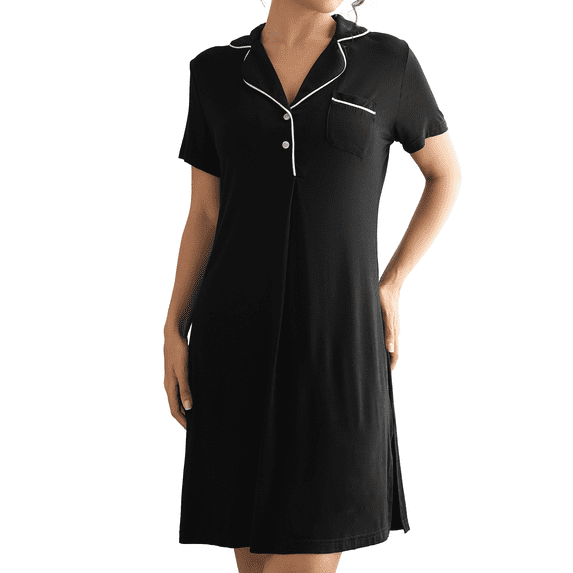 INNERSY Women's Nightgown Short Sleeve Button Down Soft V Neck Sleepshirt(S,Black)