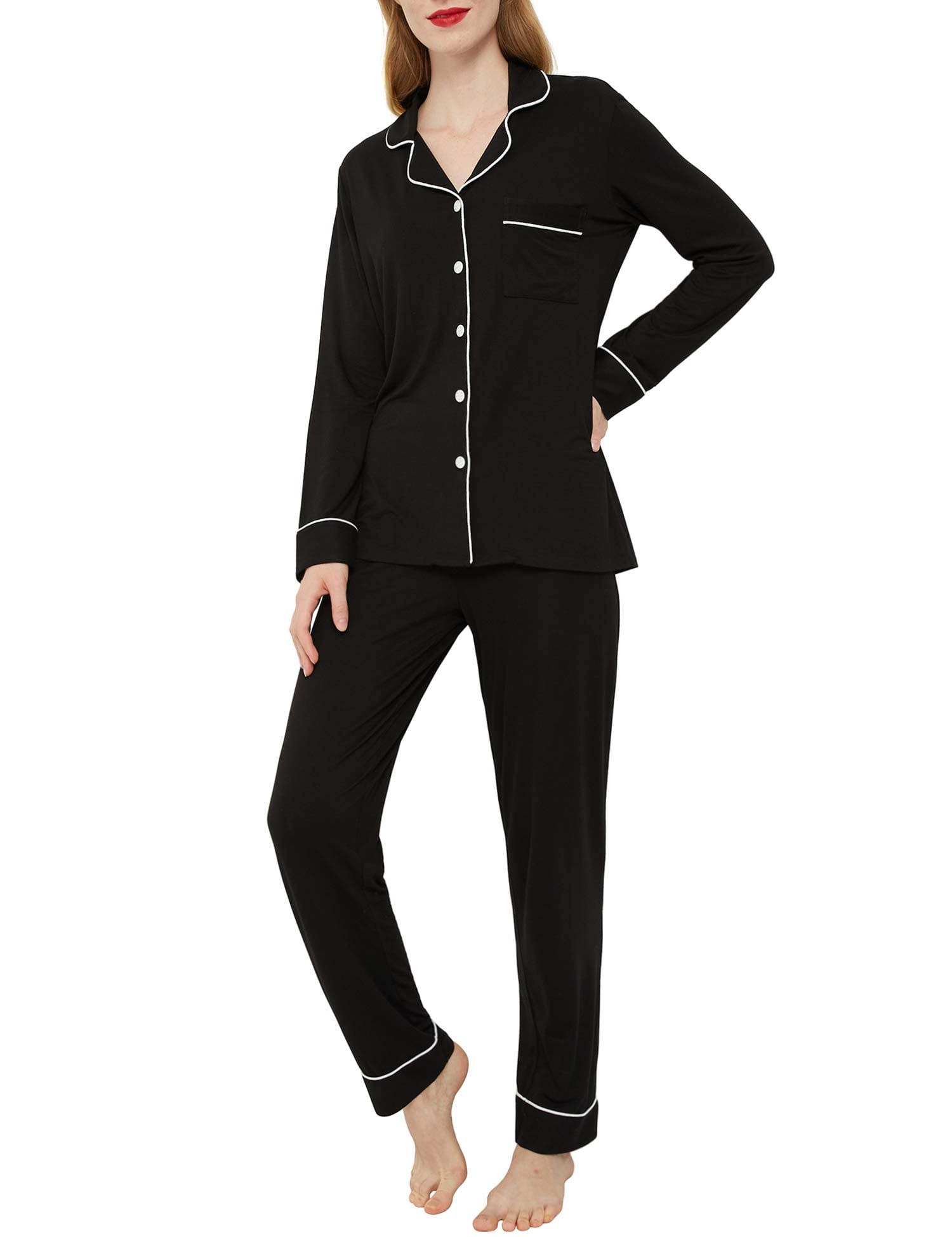 INNERSY Women s Pajamas Set Long Sleeve Sleepwear Button Down Nightwear Soft Pj Lounge Sets XS Black Walmart