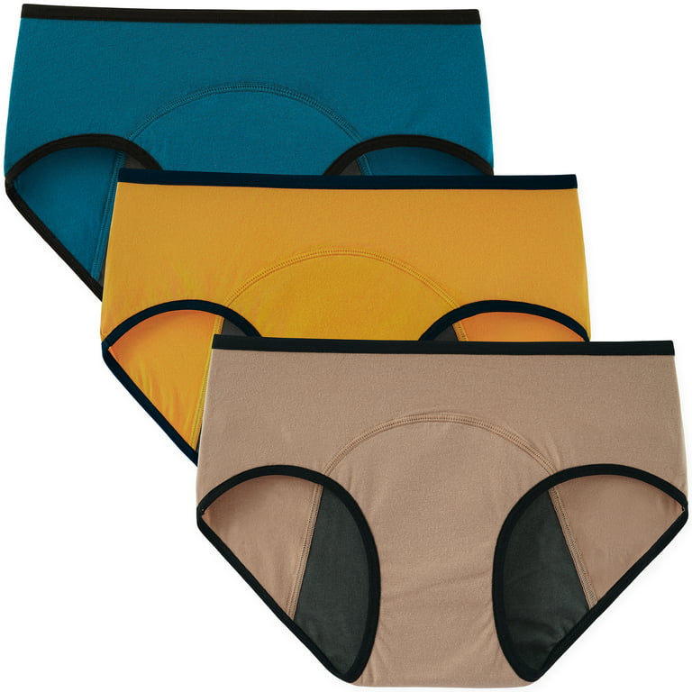 INNERSY Women's Period Panties Cotton Hipster Menstrual Maternity Underwear  3-Pack (XS, Orange/Khaki/Saxony Blue with Dark Lining) 