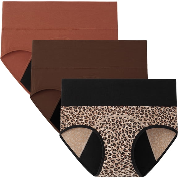 INNERSY Women's Period Underwear High Waisted Postpartum Menstrual Panties 3-Pack(M,Dark/Leopard)