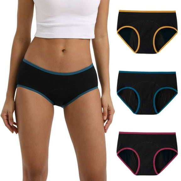 INNERSY Women's Period Underwear Postpartum Cotton Ladies Menstrual Panties 3-Pack(M,Colorful Black)