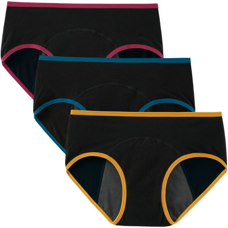 INNERSY Women's Period Underwear Postpartum Cotton Teens Menstrual Panties  3-Pack (S, Colorful Black with Dark Lining) 