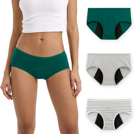 INNERSY Women's Period Underwear Postpartum Ladies Cotton Menstrual Panties 3-Pack(S,Green/Gray/Stripes)