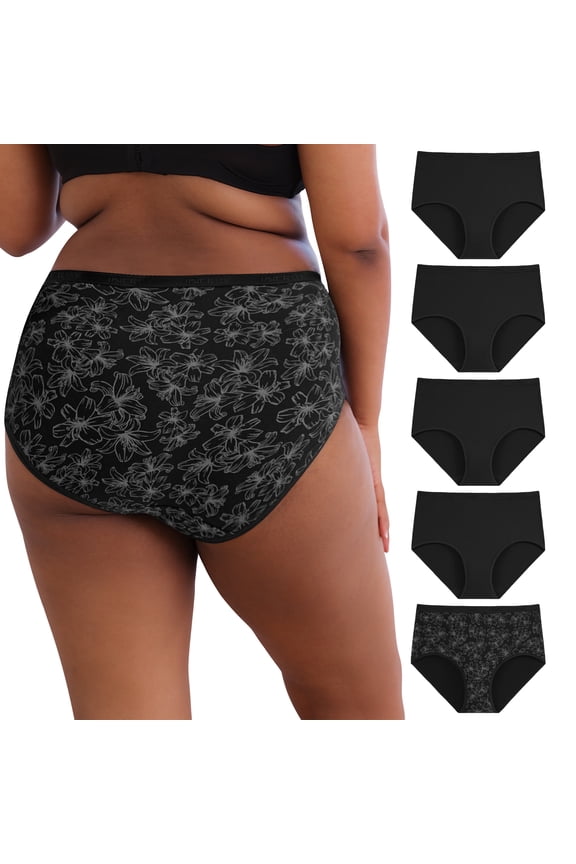 Women's Plus Size Cotton Underwear XL-5XL High Waisted Briefs Panties 5-Pack(3XL,BlackLily)