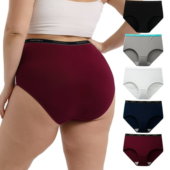 INNERSY Women's Plus Size Cotton Underwear XL-5XL High Waisted Briefs Panties 5-Pack(3XL,Crimson Twilight)