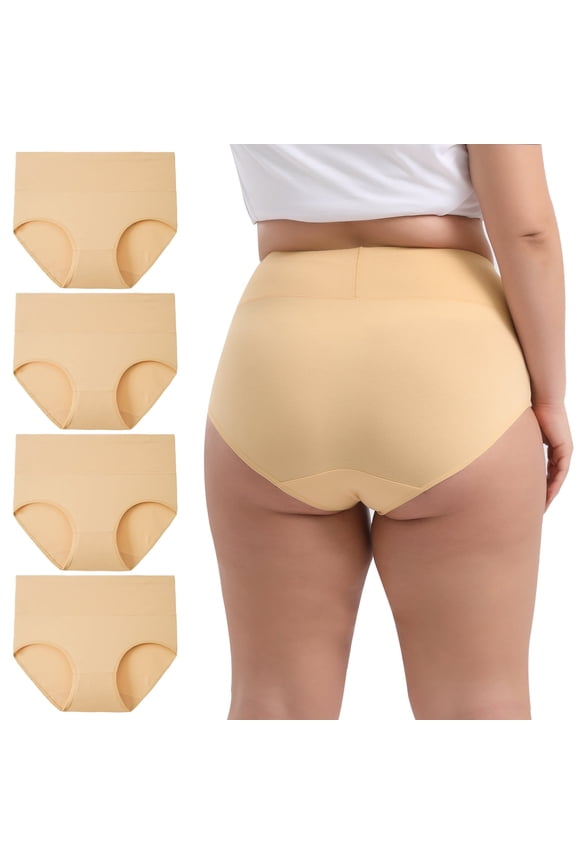Women's Plus Size XL-5XL Cotton Underwear High Waisted Briefs Panties 4-Pack (4XL,Beige)
