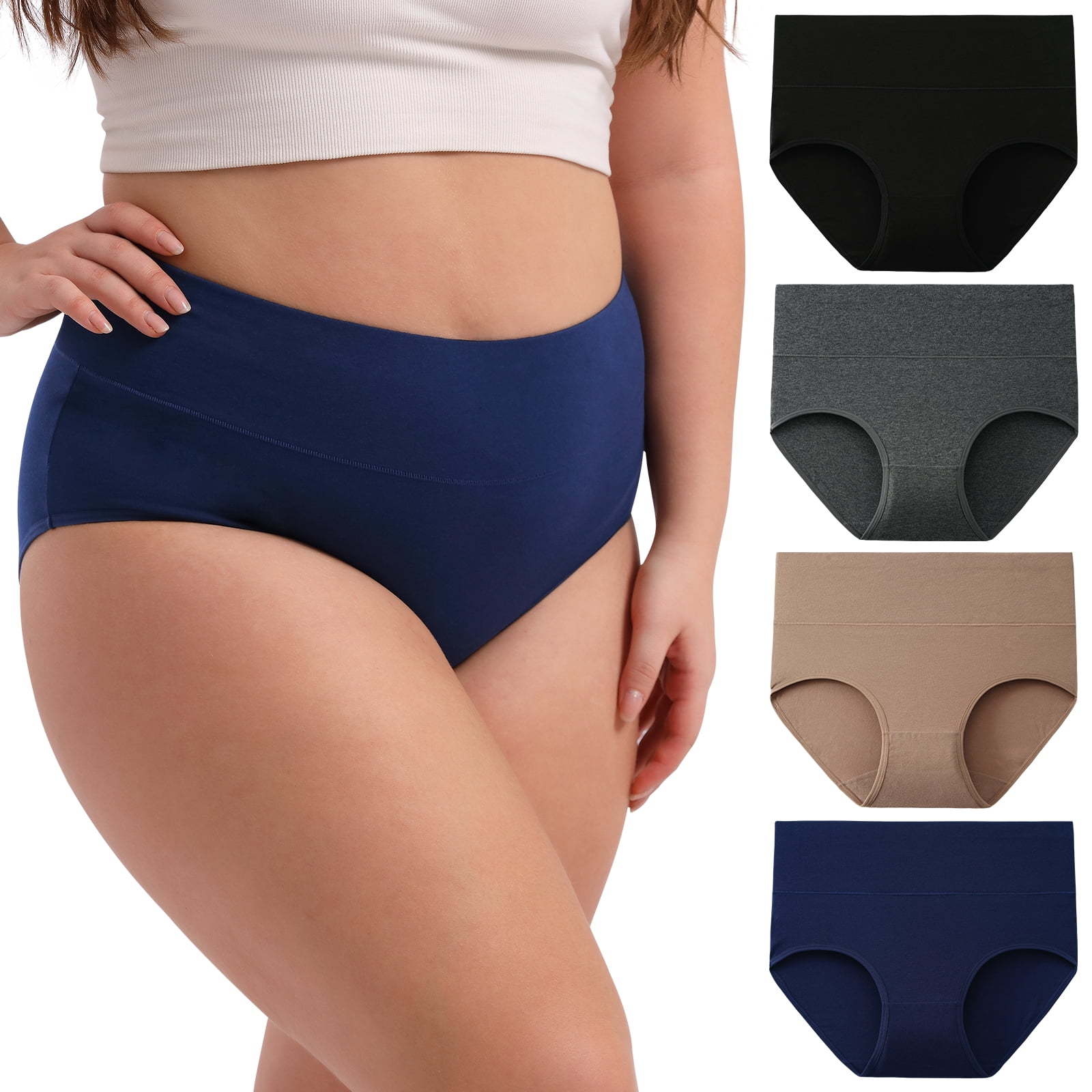 INNERSY Women's Plus Size XL-5XL Cotton Underwear High Waisted Briefs  Panties 4-Pack (4XL,Black) 