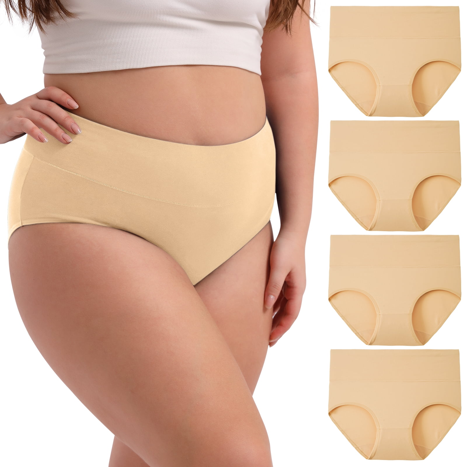 INNERSY Women's Plus Size XL-5XL Cotton Underwear High Waisted Briefs  Panties 4-Pack (XL,Beige)