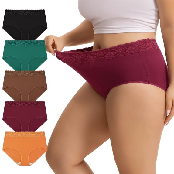 INNERSY Women's Plus Size XL-5XL Cotton Underwear High Waisted Lace Briefs 5 Pack(3XL,Retro)