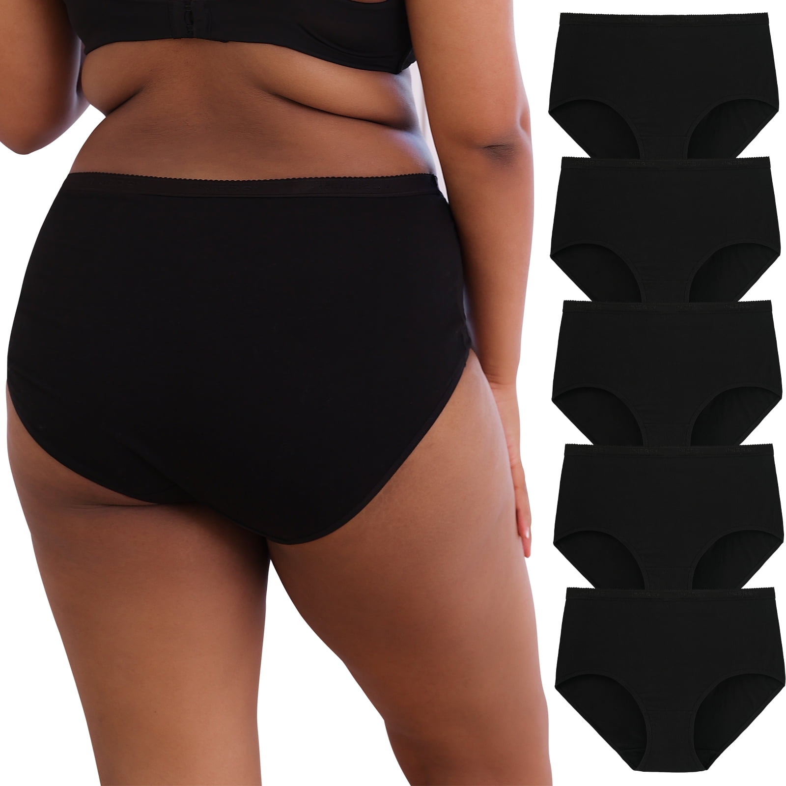 INNERSY Women's Plus Size XL-5XL Cotton Underwear High Waisted Stretchy Briefs 5-Pack(XL,Black)