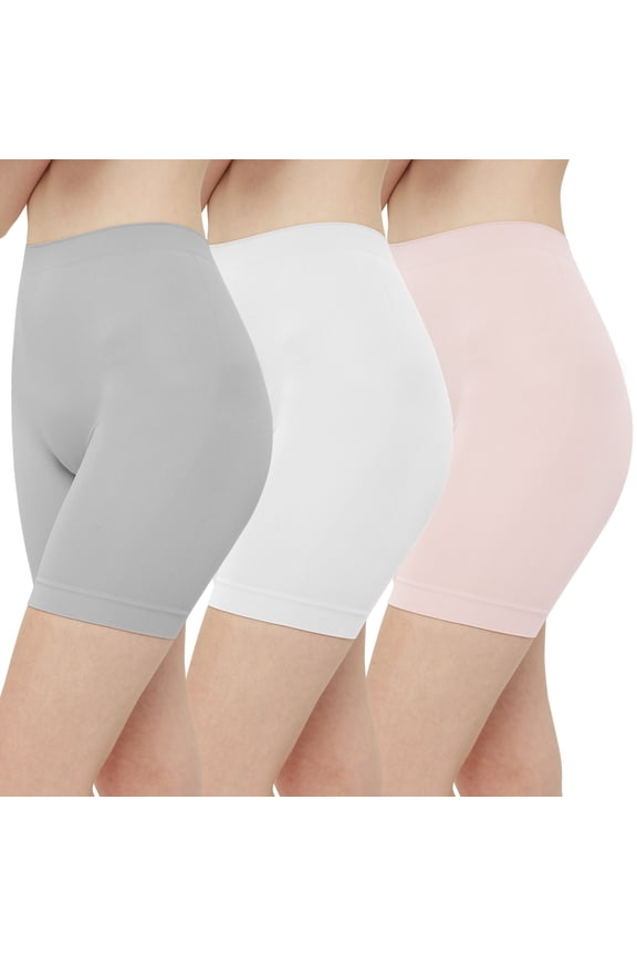 Women's Slip Shorts for Under Dresses High Waisted Shorts 3-Pack(XL,Pink/Light Gray/White)