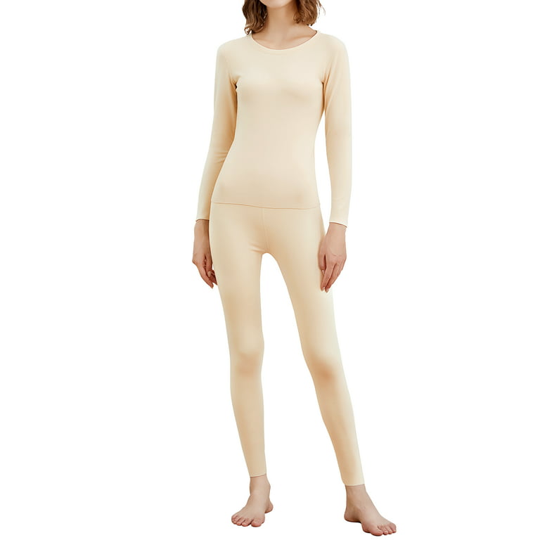 INNERSY Women's Thermal Base Layer Soft Long Johns Set Mid-Weight Ski Top &  Bottoms for Winter (L, Beige)