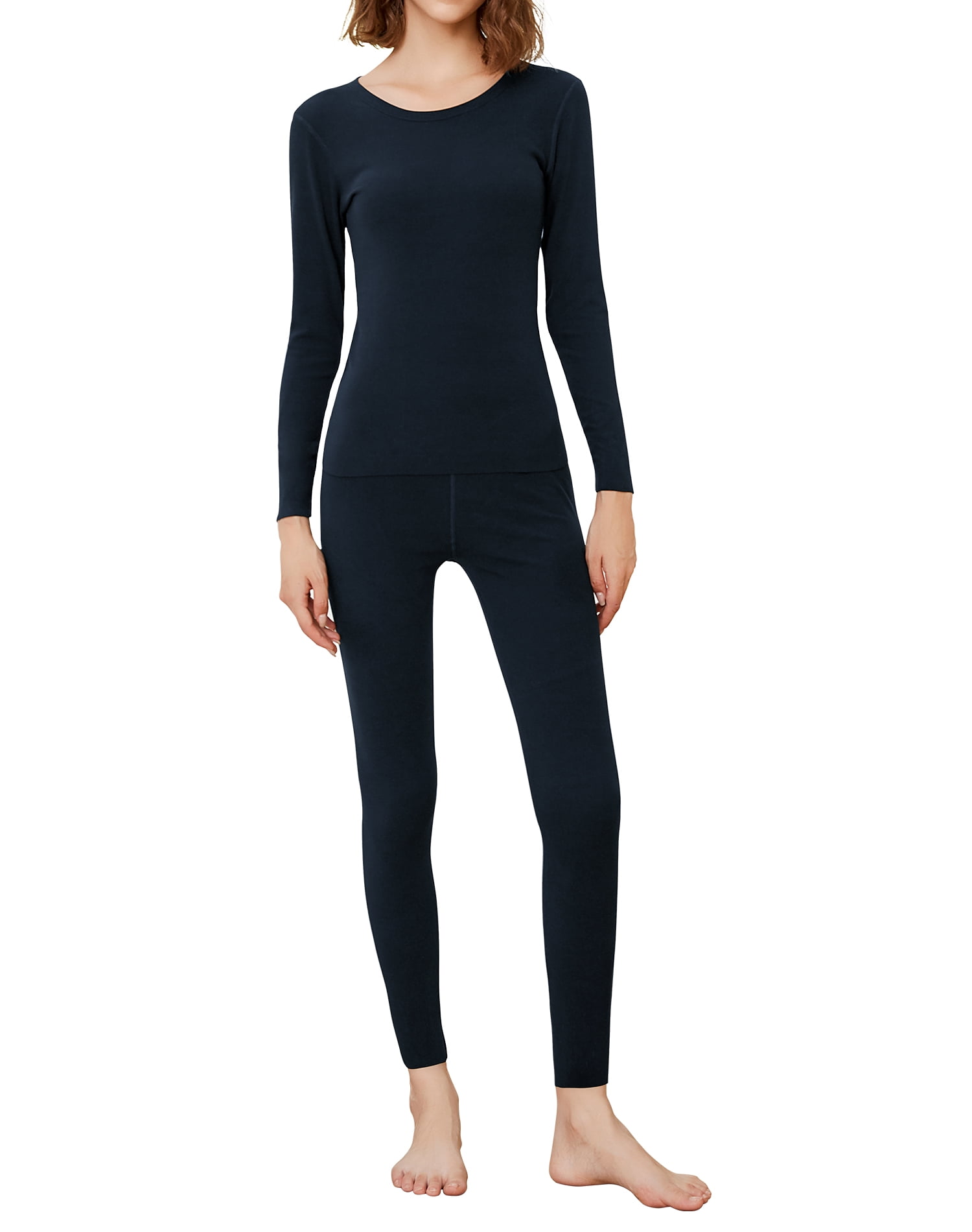 INNERSY Women's Thermal Base Layer Soft Long Johns Set Mid-Weight Ski Top &  Bottoms for Winter(L,Navy Blue) 