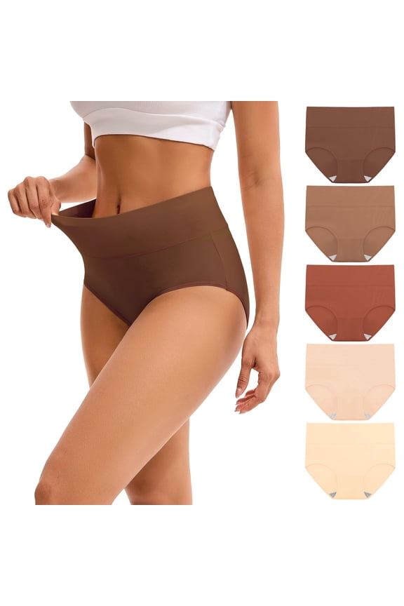 Women's Cotton High Waisted Briefs 5-Pack Postpartum Full Coverage Underwear(L,Light Brown)