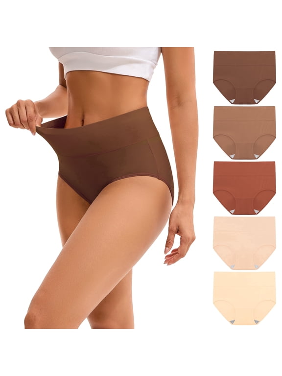 Women's Cotton High Waisted Briefs 5-Pack Postpartum Full Coverage Underwear(L,Light Brown)