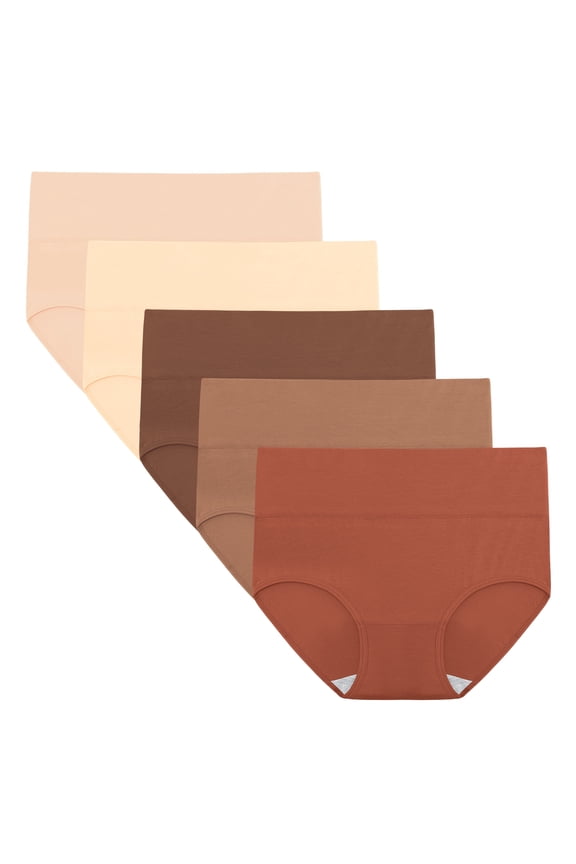 Women's Cotton High Waisted Briefs 5-Pack Postpartum Full Coverage Underwear(L,Light Brown)