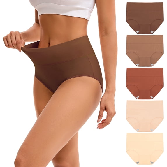 INNERSY Women's Cotton High Waisted Briefs 5-Pack Postpartum Full Coverage Underwear(XL,Light Brown)