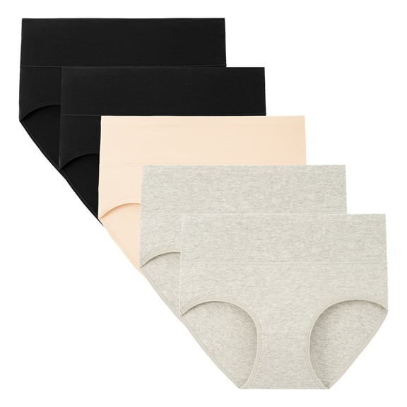 INNERSY Women's Cotton High Waisted Briefs 5-Pack Postpartum Full Coverage Underwear(L,Nude/Gray/Black)