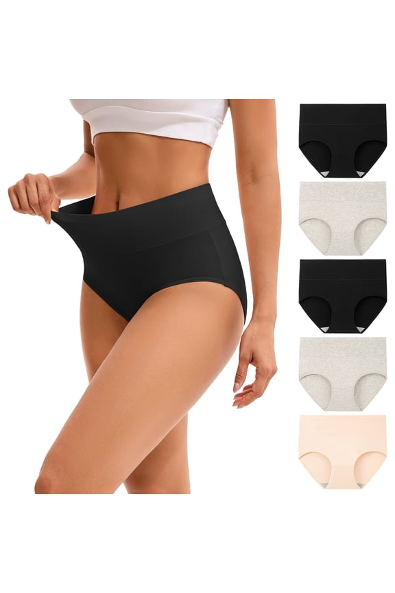 Women's Cotton High Waisted Briefs 5-Pack Postpartum Full Coverage Underwear(M,Nude/Gray/Black)