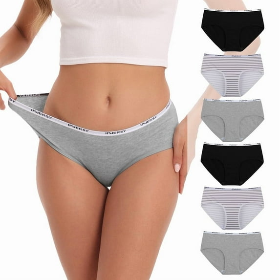 INNERSY Women's Underwear Soft Cotton Hipster Panties for Women 6-Pack (Large, Black/Gray/Stripes)