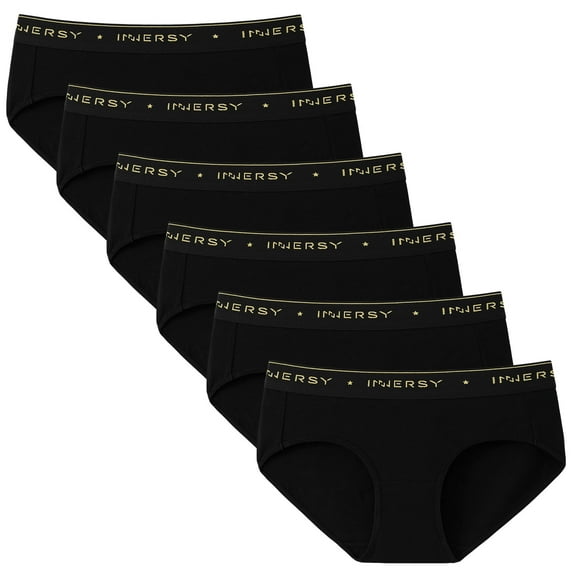 INNERSY Womens Cotton Underwear Hipster Black Panties Wide Waistband 6-Pack (L, Black)