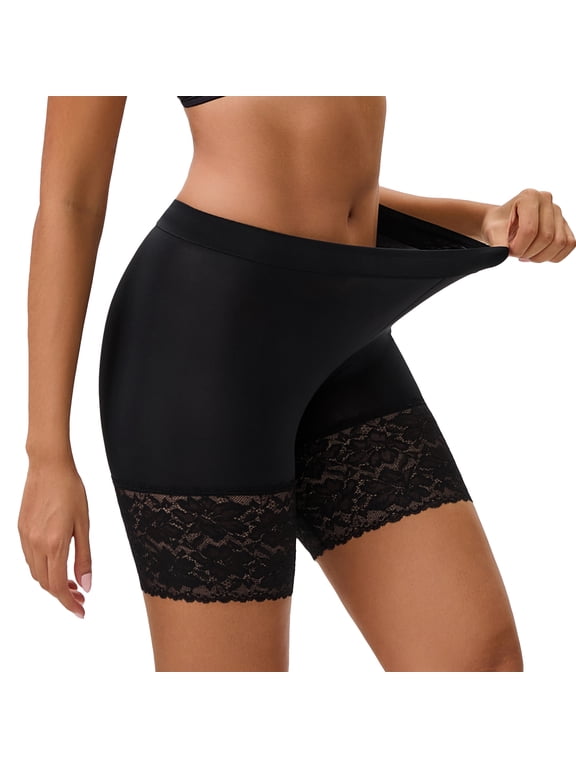 Womens Lace Slip Shorts Smooth Anti Chafing Boyshorts Under Dresses Underwear(L,Black)