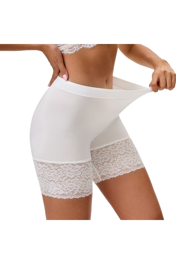 Womens Lace Slip Shorts Smooth Anti Chafing Boyshorts Under Dresses Underwear(L,White)