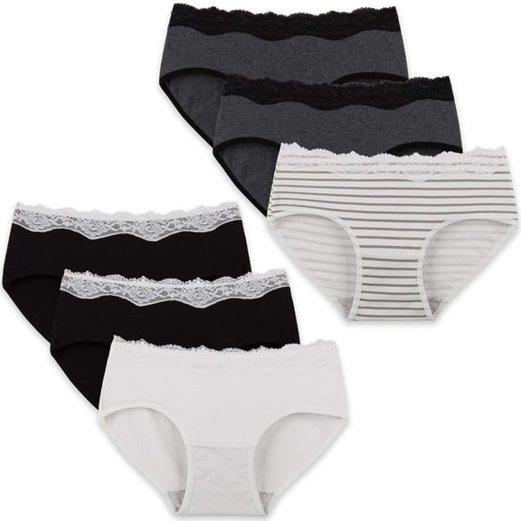 INNERSY Womens Lace Underwear Cotton Hipster Panties Soft Lace Underwear Pack of 6 (S, Black/White/Gray/Stripes)