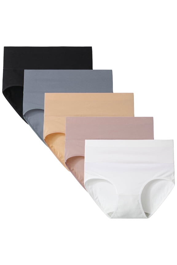 Womens Underwear Cotton Briefs High Waisted Postpartum Panties 5 Pack (L, Neutral Assorted)