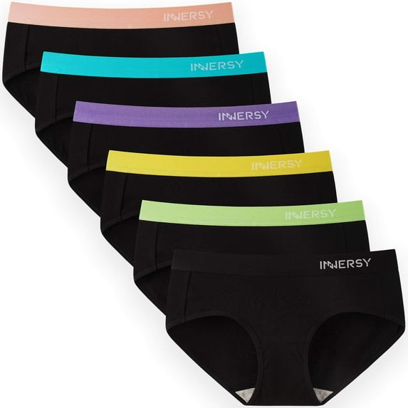 INNERSY Womens Underwear Cotton Panties Hipster Sport Underwear Wide Waistband 6-Pack (Small, Black With Colorful Waistbands)