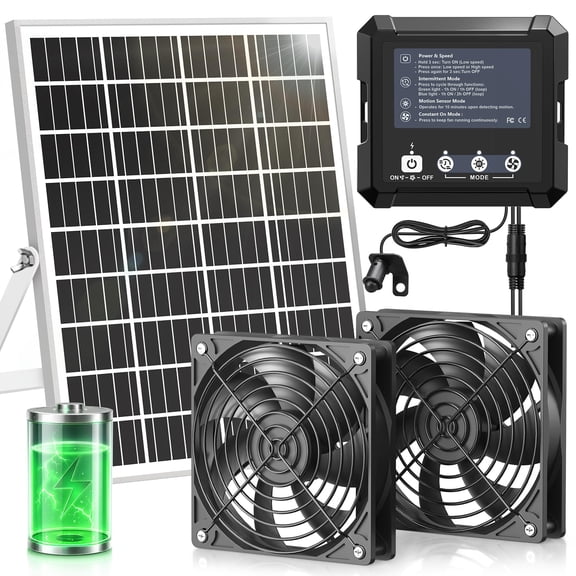 INNOLAND Solar Fan for Chicken Coop & Greenhouse, 25W Solar Powered Exhaust Fan with 7500mAh Battery, Smart 3 Modes with Motion Sensor, IP65 Waterproof Ventilation Kit for Shed | Dog House | Workshop