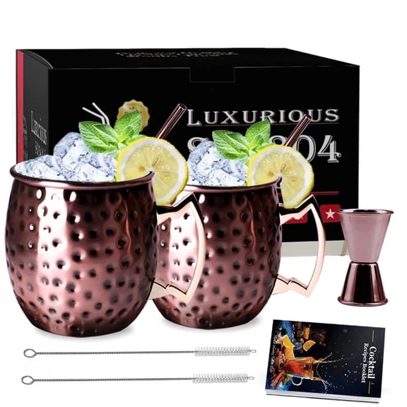 INNOTECH SC Moscow Mule Mugs Set of 2 – 16 oz Hammered Copper-Plated Stainless Steel Cups (Bronze) with Straws, Brushes, Jigger & Recipe Card – 8 Pc Cocktail Set