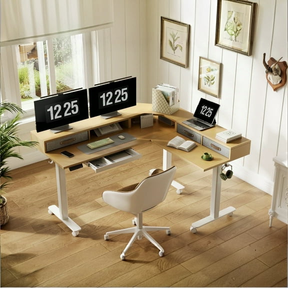 INNOVAR Dual Motor 63" L Shaped Standing Desk with 4 Drawers, Sit to Stand Study Desk Electric Height Adjustable Stand up Computer Desk with Monitor Stand & Splice Board, White Frame/Nature Top