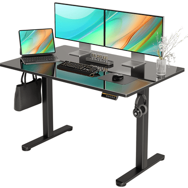INNOVAR Glass Standing Desk, 40x24 Inch Small Stand Up Desk Electric Adjustable Height Quick Install Computer Desk for Home Office, Black