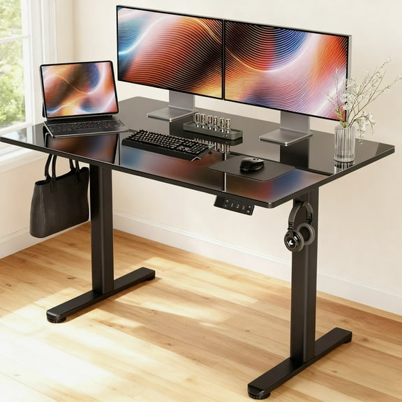 INNOVAR Glass Standing Desk, 40x24 inch Small Stand up Desk Electric Adjustable Height Quick Install Computer Desk for Home Office, Black