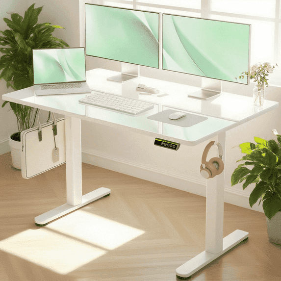 INNOVAR Glass Standing Desk, 48x24 inch White Standing Desk Adjustable Height Electric Stand up Quick Install for Computer Desks, Super White