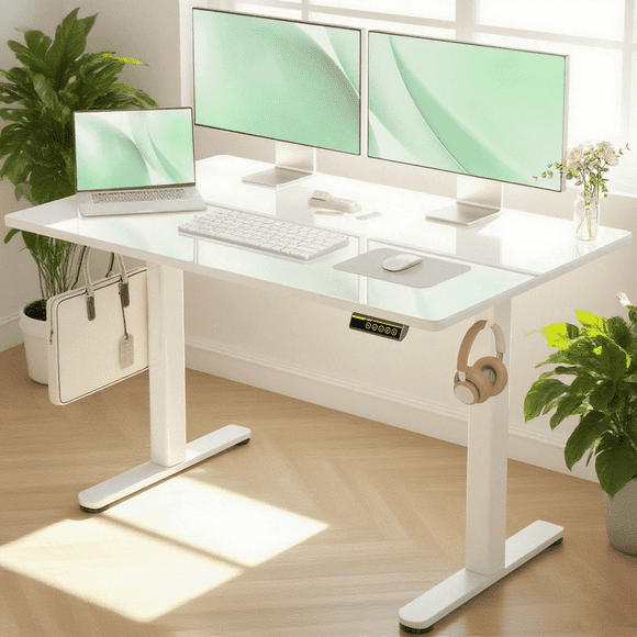 INNOVAR Glass Standing Desk, 48x24 Inch White Standing Desk Adjustable Height Electric Stand Up Quick Install for Computer Desks, Super White
