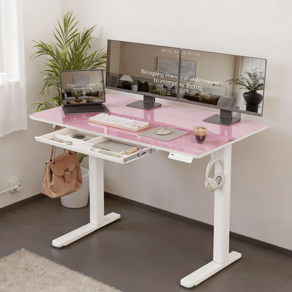 INNOVAR 55 inch Electric Glass Top Home Office Sit Stand Desks with 1 Drawer, Desktop Adjustable Standing Computer Desk, Student Stand up Work Rising Desk - White Frame, Morandi Pink - P09810